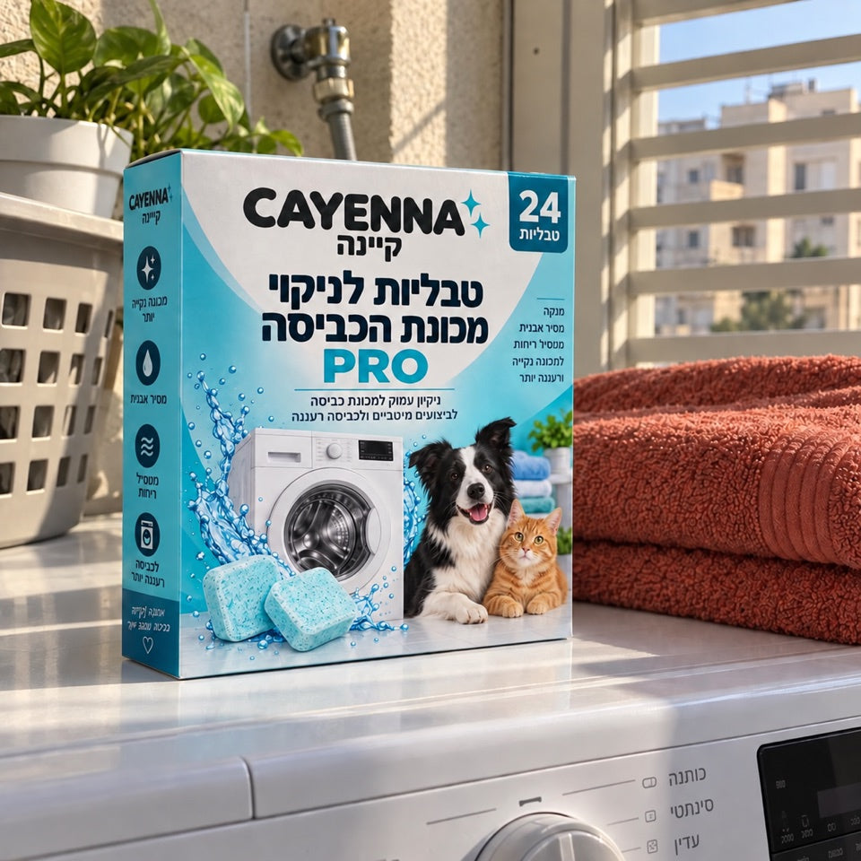 אריזת קיינה בפינת כביסה ביתית — נוצר ב־AI להמחשה