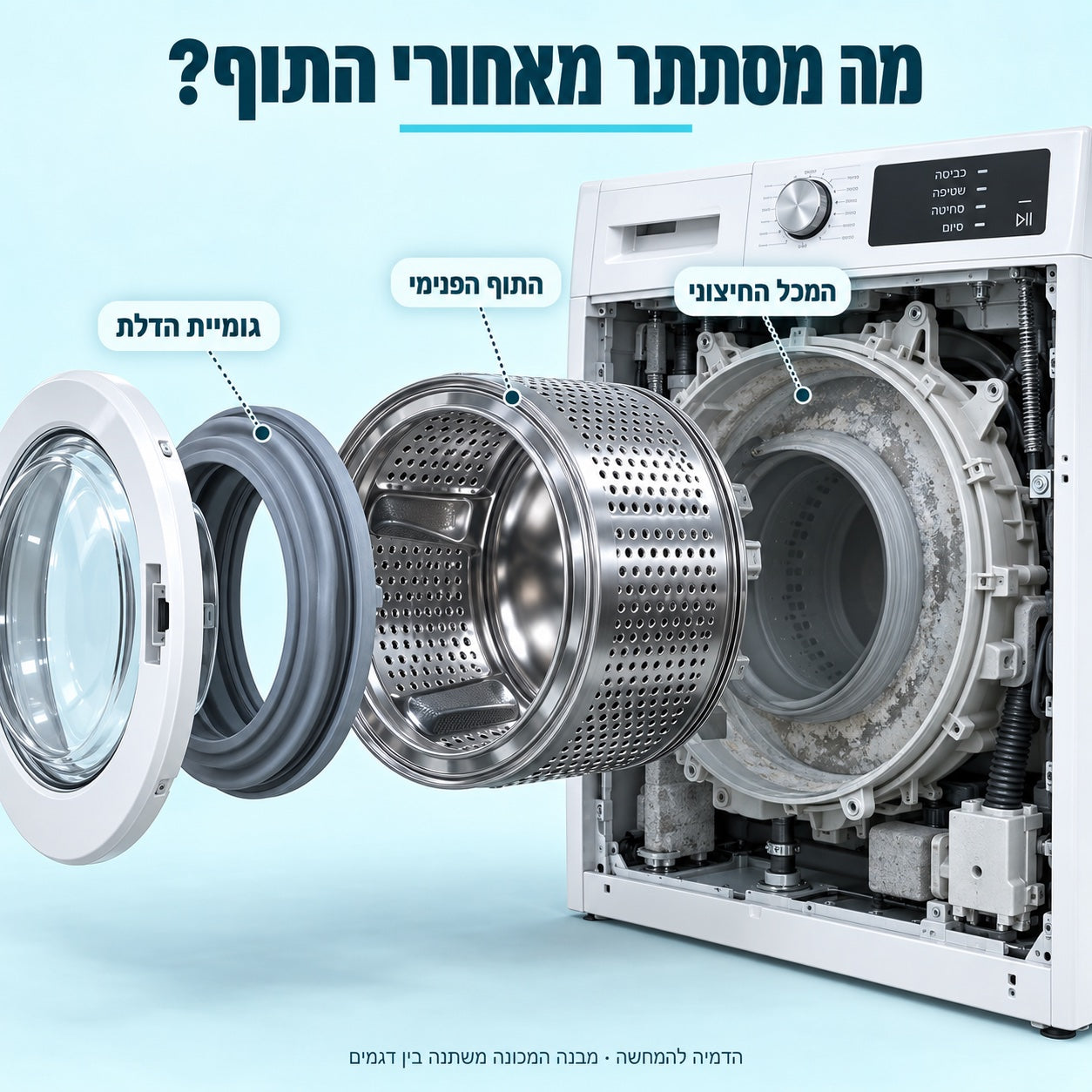 מבט אל חלקי המכונה: גומייה, תוף פנימי ומכל חיצוני